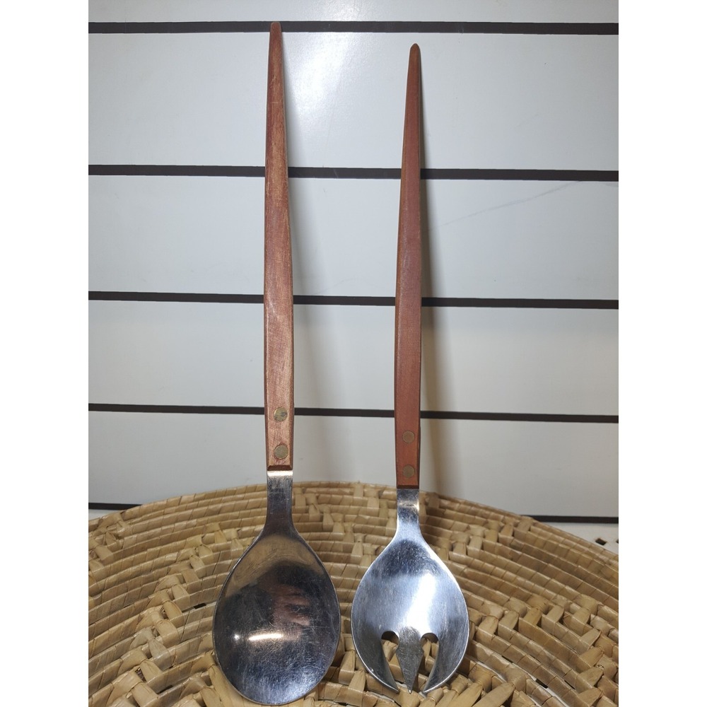 Vintage Arnart Mid Century Japan Wood Handle Stainless Salad Fork Spoon Set 13"